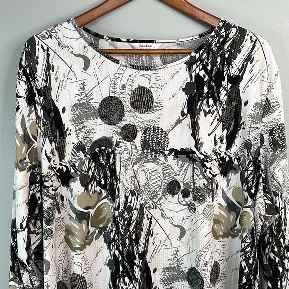 TanJay Abstract Print Relaxed Top Black White Taupe Long Sleeve Top Stretch 2X - Picture 4 of 10